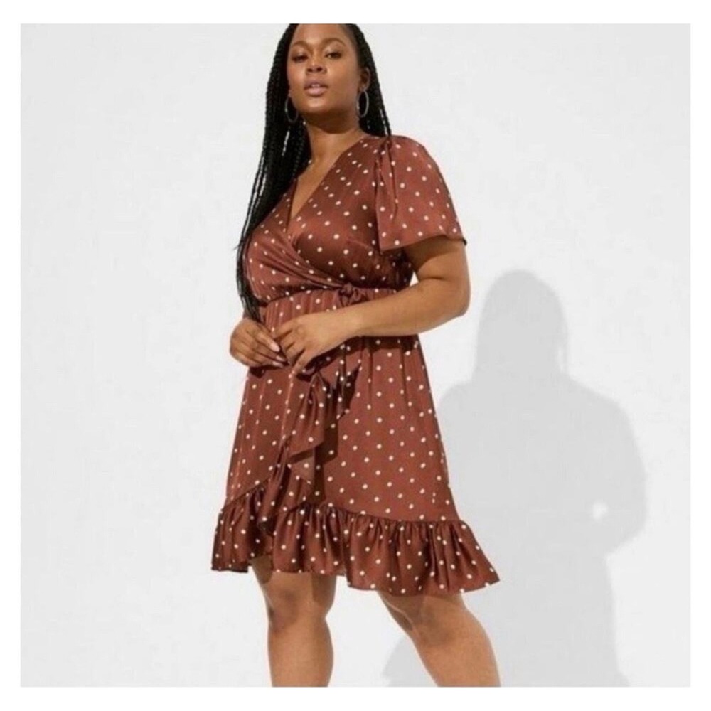 Torrid Brown Polka Dot Faux‎ Wrap Ruffle High Low Dress Womens Plus Size 0 L XL